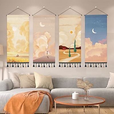 Landscape Painting Woven Bohemian Wall Tapestry Art Decor Blanket Curtain Hanging Home Bedroom Living Room Decoration Nordic Cotton Linen Tassel miniinthebox