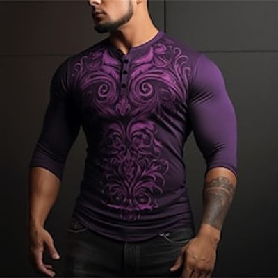 Graphic Floral Fashion Daily Casual Men's 3D Print Henley Shirt Casual Holiday Going out T shirt Deep Purple Purple Long Sleeve Henley Shirt Spring   Fall Clothing Apparel S M L XL XXL 3XL 4XL Lightinthebox
