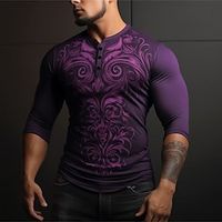 Graphic Floral Fashion Daily Casual Men's 3D Print Henley Shirt Casual Holiday Going out T shirt Deep Purple Purple Long Sleeve Henley Shirt Spring   Fall Clothing Apparel S M L XL XXL 3XL 4XL Lightinthebox - thumbnail