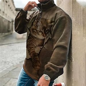 Men's Zip Up Sweatshirt Pullover Brown Half Zip Animal Cat Graphic Prints Zipper Print Daily Sports 3D Print Basic Designer Casual Spring   Fall Clothing Apparel Hoodies Sweatshirts  Lightinthebox