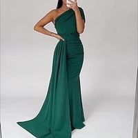 Mermaid  Trumpet Evening Gown Elegant Dress Formal Christmas Sweep  Brush Train Short Sleeve One Shoulder Satin with Pleats Ruched 2023 Lightinthebox - thumbnail