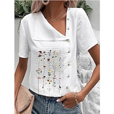 Women's Shirt Blouse Black White Blue Floral Button Print Short Sleeve Casual Holiday Basic V Neck Regular Floral S miniinthebox