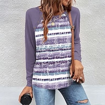 Women's T shirt Tee Purple Striped Button Print Long Sleeve Daily Weekend Fashion Round Neck Regular Fit Painting Spring   Fall Lightinthebox