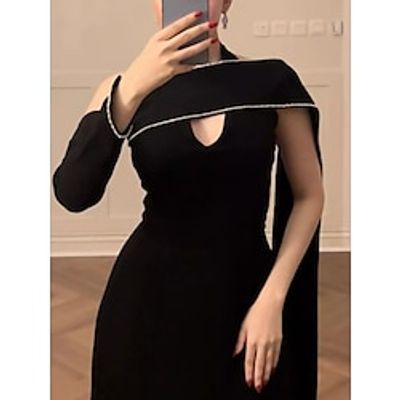A-Line Evening Gown Elegant Dress Formal Ankle Length Black Dress Long Sleeve Halter Neck Stretch Fabric with Sequin 2023 Lightinthebox