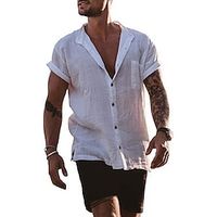 Men's Linen Shirt Solid Color Collar Light Blue Black White Street Daily Short Sleeve Clothing Apparel Streetwear Casual Lightinthebox - thumbnail