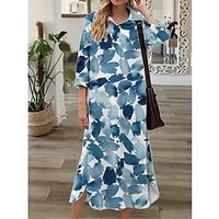 Women's Shift Dress Midi Dress Green Blue Fuchsia 3/4 Length Sleeve Floral Button Print Fall Spring Shirt Collar Casual Fashion 2022 S M L XL XXL 3XL miniinthebox - thumbnail