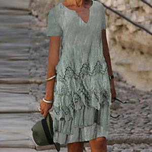 Women's A Line Dress Knee Length Dress Green Short Sleeve Floral Layered Fall Summer V Neck Casual 2021 S M L XL XXL Lightinthebox