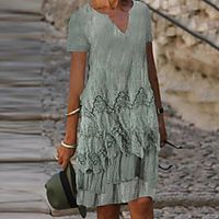 Women's A Line Dress Knee Length Dress Green Short Sleeve Floral Layered Fall Summer V Neck Casual 2021 S M L XL XXL Lightinthebox - thumbnail