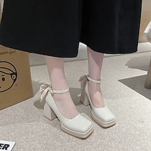 Women's Heels Dress Shoes Mary Jane Party Valentine's Day Bowknot Block Heel Chunky Heel Square Toe Elegant Fashion Cute PU Ankle Strap Wine Beige Lightinthebox