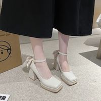 Women's Heels Dress Shoes Mary Jane Party Valentine's Day Bowknot Block Heel Chunky Heel Square Toe Elegant Fashion Cute PU Ankle Strap Wine Beige Lightinthebox - thumbnail