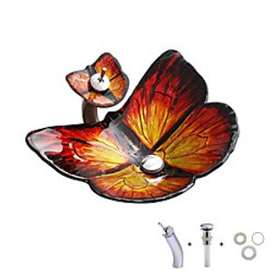 Red butterfly shaped tempered glass wash basin with waterfall faucet basin holder Lightinthebox