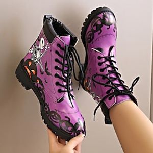 Women's Boots Combat Boots Plus Size Lace Up Boots Halloween Daily Booties Ankle Boots Winter Block Heel Round Toe Casual Faux Leather Lace-up Color Block Purple miniinthebox