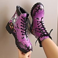Women's Boots Combat Boots Plus Size Lace Up Boots Halloween Daily Booties Ankle Boots Winter Block Heel Round Toe Casual Faux Leather Lace-up Color Block Purple miniinthebox - thumbnail