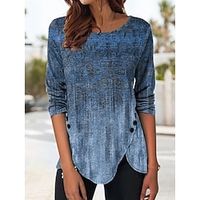 Women's T shirt Tee Green Blue Brown Graphic Button Print Long Sleeve Daily Weekend Basic Round Neck Regular Abstract Painting S Lightinthebox - thumbnail