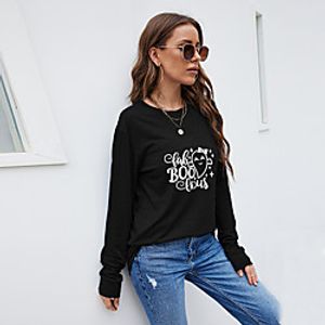 Women's Halloween Painting T shirt Graphic Text Long Sleeve Print Round Neck Basic Halloween Tops Cotton Blue Wine Black miniinthebox
