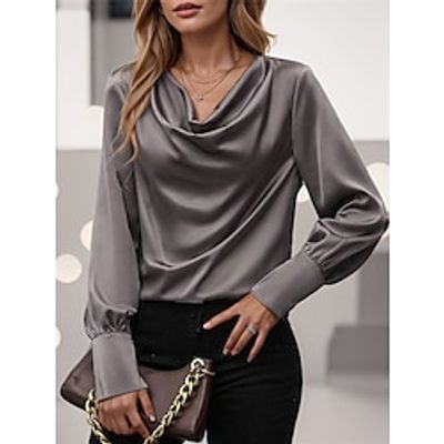 Women's Shirt Blouse Satin Plain Gray Long Sleeve Work Casual Elegant Fashion Cowl Neck Regular Fit Spring Lightinthebox