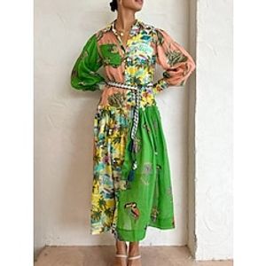 Women's Prom Dress Party Dress Sheath Dress Midi Dress Green Long Sleeve Tropical Button Fall Winter Autumn Shirt Collar Fashion Evening Party Vacation 2023 S M L XL XXL Lightinthebox