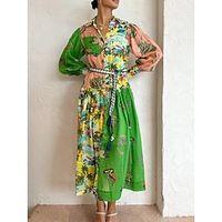 Women's Prom Dress Party Dress Sheath Dress Midi Dress Green Long Sleeve Tropical Button Fall Winter Autumn Shirt Collar Fashion Evening Party Vacation 2023 S M L XL XXL Lightinthebox - thumbnail
