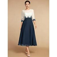 A-Line Mother of the Bride Dress Wedding Guest Elegant Vintage Jewel Neck Tea Length Chiffon Lace Half Sleeve with Lace Appliques Color Block 2024 Lightinthebox