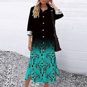 Women's Shift Dress Midi Dress Black Blue Khaki 34 Length Sleeve Fall Floral Button Print Fall Spring Shirt Collar Casual Fashion 2022 S M L XL XXL 3XL Lightinthebox