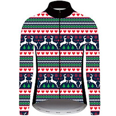 21Grams Christmas Men's Long Sleeve Cycling Jersey - Red and White Bike Jersey Padded Shorts / Chamois Top UV Resistant Quick Dry Breathable Sports Winter Fleece 100% Polyester Mountain Bike MTB Road miniinthebox
