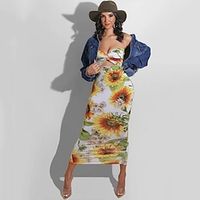 Summer sunflower print dress with a strapless waist hollowed out and twisted strap long dress Lightinthebox