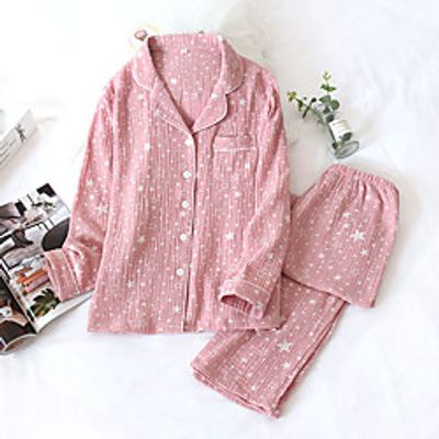 Women's Breathable Gift Pajamas Sets Home Daily Bed Vacation Button Print Star Cotton Fashion Soft Sweet Spring Summer Lapel Long Sleeve Long Pant Buckle Lightinthebox