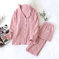 Women's Breathable Gift Pajamas Sets Home Daily Bed Vacation Button Print Star Cotton Fashion Soft Sweet Spring Summer Lapel Long Sleeve Long Pant Buckle Lightinthebox - thumbnail