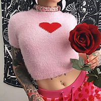 2021 spring new cross-border amazon casual girl pink love patch short-sleeved t-shirt women's bottoming short top miniinthebox - thumbnail
