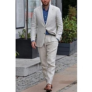 Beige Men's Beach Wedding Linen Suits Solid Colored 2 Piece Fashion Casual WorkWear Tailored Fit Single Breasted Two-buttons 2023 miniinthebox