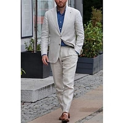 Beige Men's Beach Wedding Linen Suits Solid Colored 2 Piece Fashion Casual WorkWear Tailored Fit Single Breasted Two-buttons 2023 miniinthebox