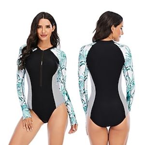 Women's One Piece Swimsuit Rash Guard Elastane Bodysuit Bathing Suit UV Sun Protection UPF50 Breathable Stretchy Long Sleeve Front Zip - Swimming Surfing Beach Water Sports Floral / Botanical Autumn miniinthebox