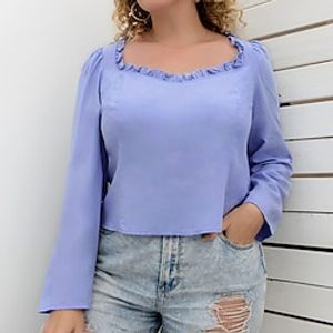 Women's Plus Size Tops Blouse Shirt Plain Lettuce Trim Long Sleeve Square Neck Streetwear Daily Vacation Rayon Fall Winter Blue miniinthebox