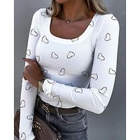 Women's T shirt Tee White Yellow Pink Heart Print Long Sleeve Valentine Weekend Fashion U Neck Slim Painting Spring   Fall Lightinthebox