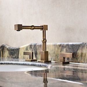 Widespread Bathroom Faucet Vintage Brass, Sink Mixer Basin Taps 360 Degree Swivel Spout, 3 Hole Dual Handle Vessel Taps with Hot and Cold Water Hose Lightinthebox