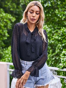 Black Bowknot Design Spotted Bell Sleeves Blouse