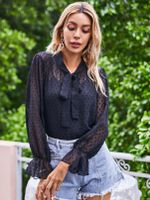Black Bowknot Design Spotted Bell Sleeves Blouse - thumbnail