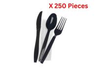 Hotpack Heavy Duty Black Cutlery Set Spoon Fork Knife Napkin 250 Pieces - CPHDB