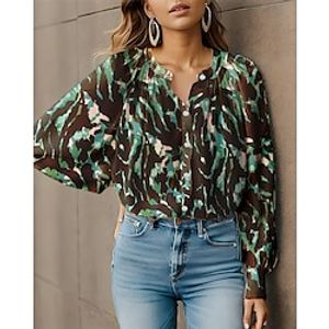 Women's Shirt Blouse Floral Navy Blue Blue Green Print Button Long Sleeve Casual Holiday Fashion Round Neck Regular Fit Spring   Fall Lightinthebox