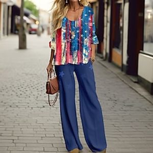 Women's T shirt Tee Pants Sets Graphic Outdoor Casual Blue Print Long Sleeve Sports Daily V Neck Regular Fit Spring   Fall Lightinthebox