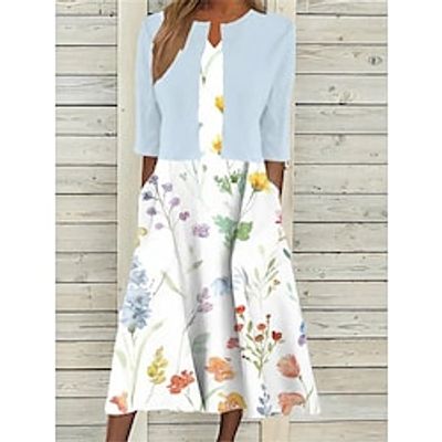 Women's Two Piece Dress Set Casual Dress Two Piece Dress Daily Vacation Fashion Modern Pocket Print Midi Dress Crew Neck Half Sleeve Floral Regular Fit White Summer Spring S M L XL XXL Lightinthebox