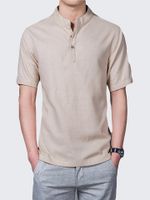 Summer Mens Plus Size Chinese Style Linen Breathable Short sleeved Stand Collar T Shirts