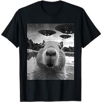 Funny Graphic Tee Capybara Selfie with UFOs Weird T-Shirt for Women and Men miniinthebox