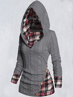 Women'sTwisted Cable Knit Plaid Print Hooded Sweater Mock Button Ruched Shawl Neck Sweater