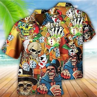 Men's Shirt Summer Hawaiian Shirt Skull Graphic Prints Poker Turndown Yellow Casual Holiday Short Sleeve Button-Down Print Clothing Apparel Tropical Fashion Hawaiian Soft miniinthebox