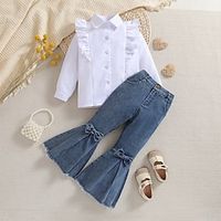 2 Pieces Toddler Girls' Children's Day Solid Color V Neck Shirt  Pants Set Long Sleeve Fashion Outdoor 3-7 Years Spring White Lightinthebox - thumbnail