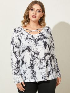 Plus Size Round Neck Tie Dye Criss-cross Long Sleeves Tee