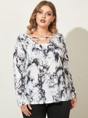 Plus Size Round Neck Tie Dye Criss-cross Long Sleeves Tee