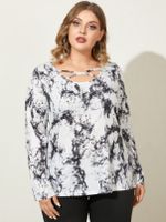 Plus Size Round Neck Tie Dye Criss-cross Long Sleeves Tee - thumbnail