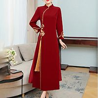 Women's A Line Dress Maxi long Dress Blue Wine Long Sleeve Embroidery Embroidered Layered Spring Summer Stand Collar Work Traditional Chinoiserie 2022 S M L XL XXL 3XL miniinthebox - thumbnail